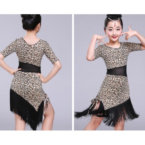 Kids leopard fringes latin dresses stage performance salsa chacha rumba school competition dance dresses